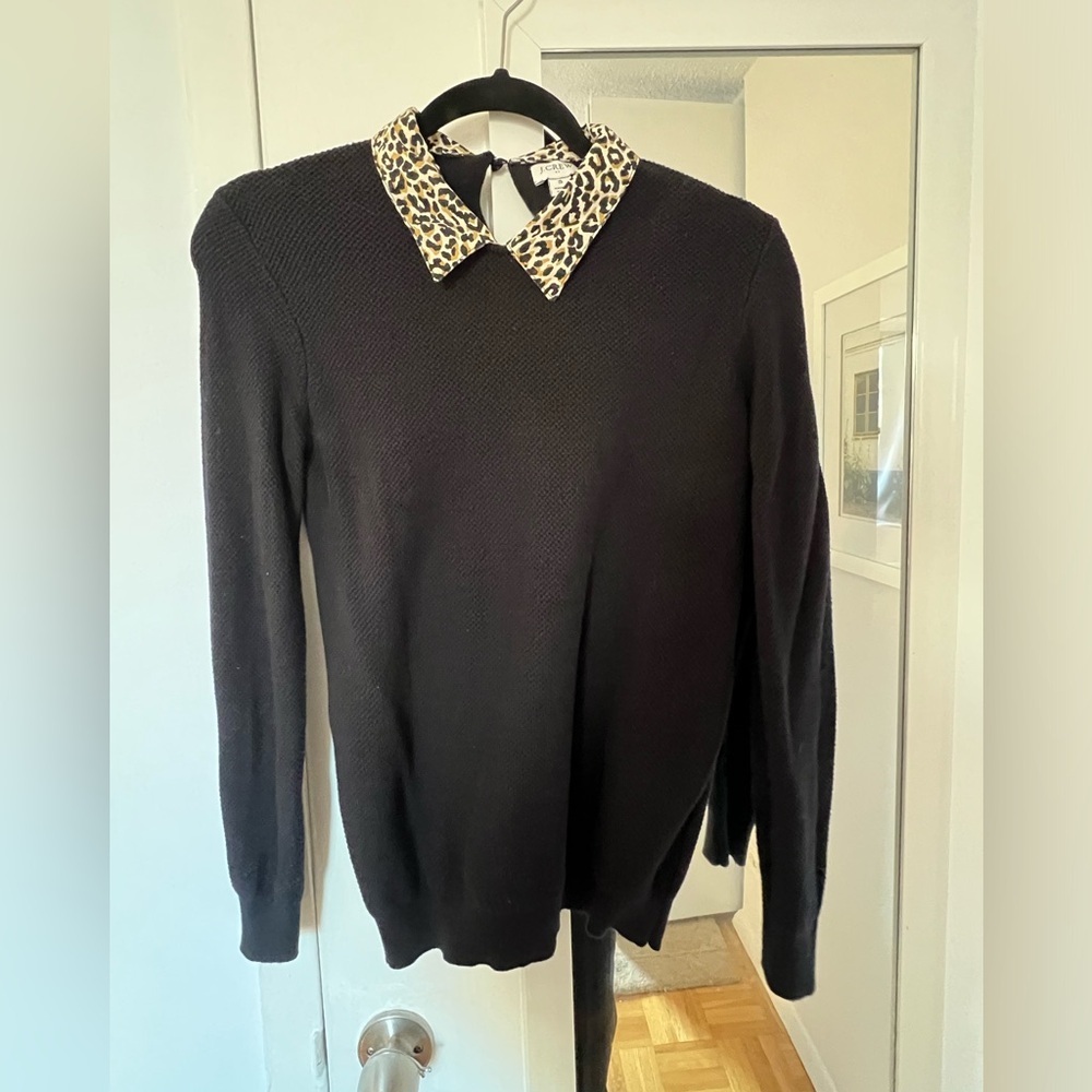 J. Crew Black Crewneck Sweater with Leopard Print Collar